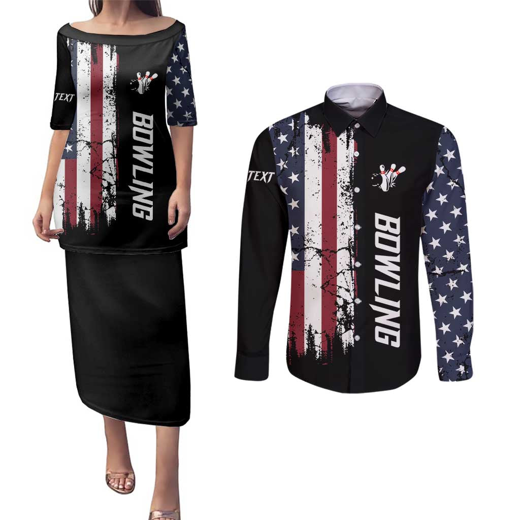 Grunge American Flag Custom Bowling Couples Matching Puletasi and Long Sleeve Button Shirt Pins Graphic and Team Text Layout Design - Wonder Print Shop