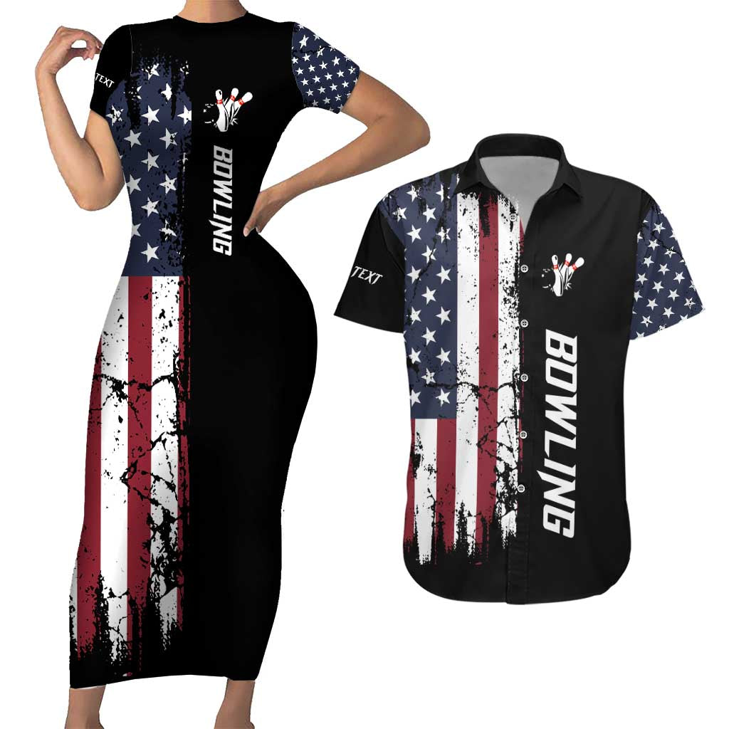 Grunge American Flag Custom Bowling Couples Matching Short Sleeve Bodycon Dress and Hawaiian Shirt Pins Graphic and Team Text Layout Design - Wonder Print Shop