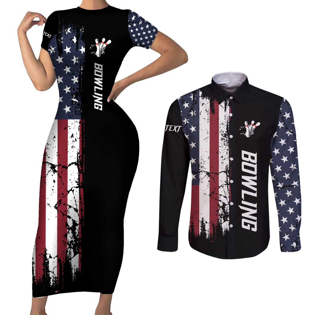 Grunge American Flag Custom Bowling Couples Matching Short Sleeve Bodycon Dress and Long Sleeve Button Shirt Pins Graphic and Team Text Layout Design - Wonder Print Shop
