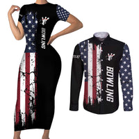 Grunge American Flag Custom Bowling Couples Matching Short Sleeve Bodycon Dress and Long Sleeve Button Shirt Pins Graphic and Team Text Layout Design - Wonder Print Shop