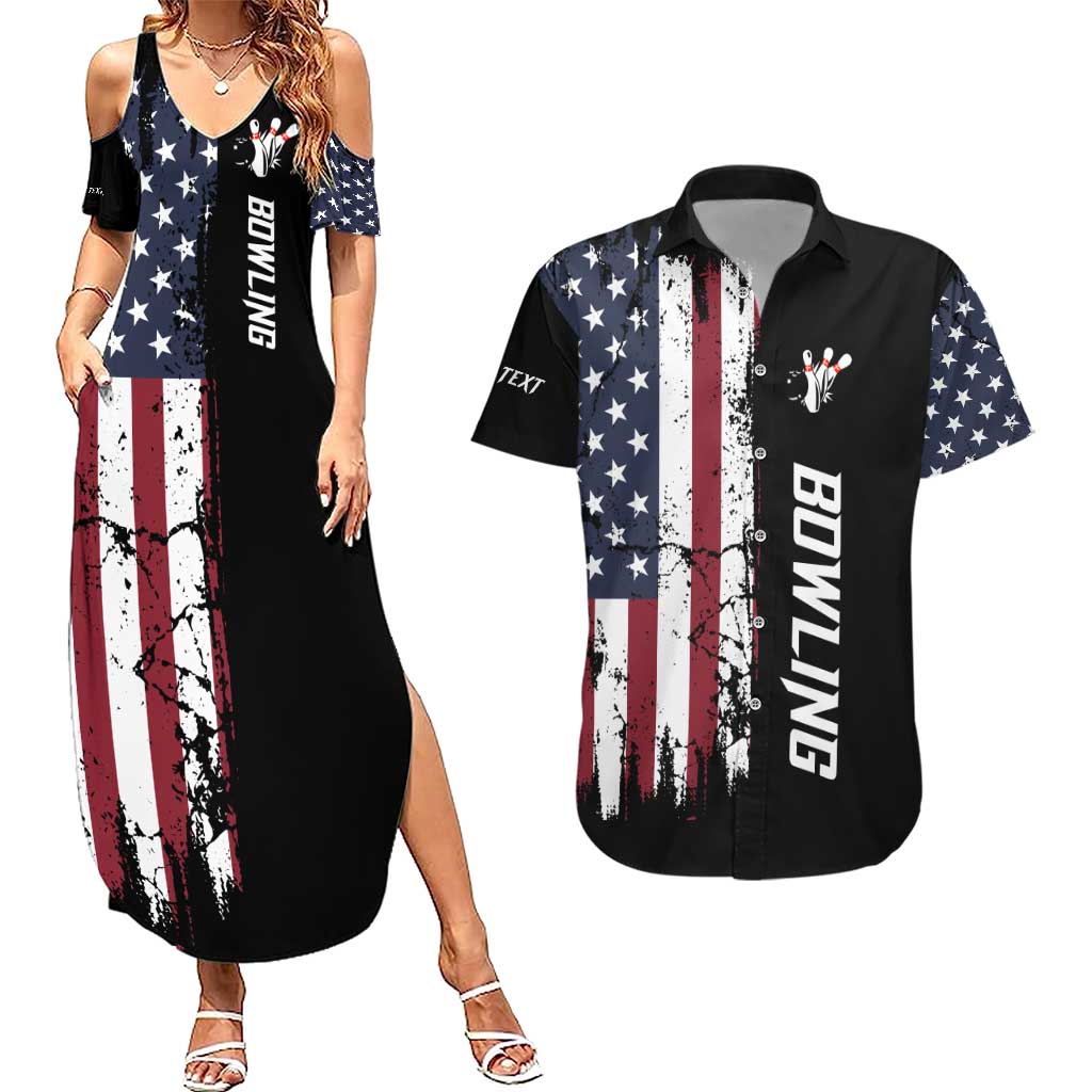 Grunge American Flag Custom Bowling Couples Matching Summer Maxi Dress and Hawaiian Shirt Pins Graphic and Team Text Layout Design - Wonder Print Shop