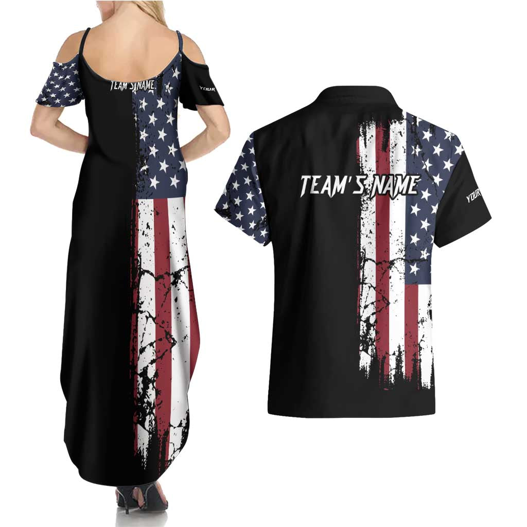 Grunge American Flag Custom Bowling Couples Matching Summer Maxi Dress and Hawaiian Shirt Pins Graphic and Team Text Layout Design - Wonder Print Shop