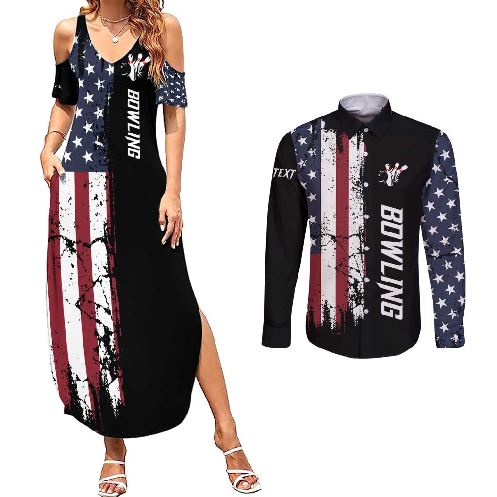 Grunge American Flag Custom Bowling Couples Matching Summer Maxi Dress and Long Sleeve Button Shirt Pins Graphic and Team Text Layout Design - Wonder Print Shop
