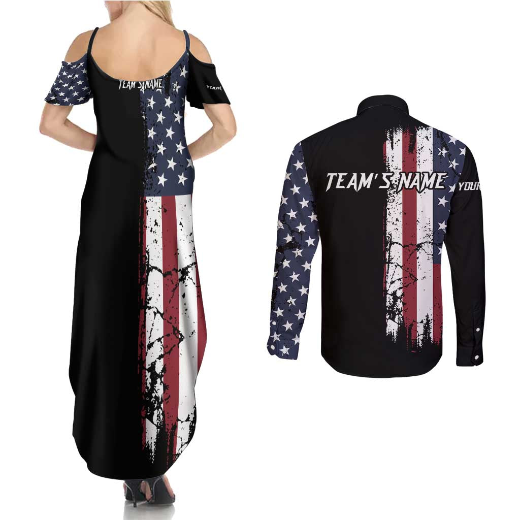 Grunge American Flag Custom Bowling Couples Matching Summer Maxi Dress and Long Sleeve Button Shirt Pins Graphic and Team Text Layout Design - Wonder Print Shop