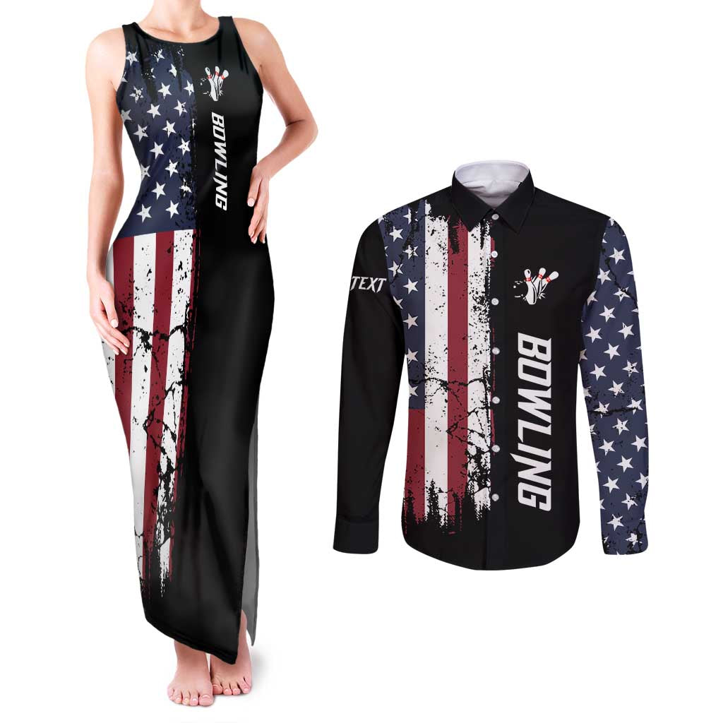 Grunge American Flag Custom Bowling Couples Matching Tank Maxi Dress and Long Sleeve Button Shirt Pins Graphic and Team Text Layout Design - Wonder Print Shop