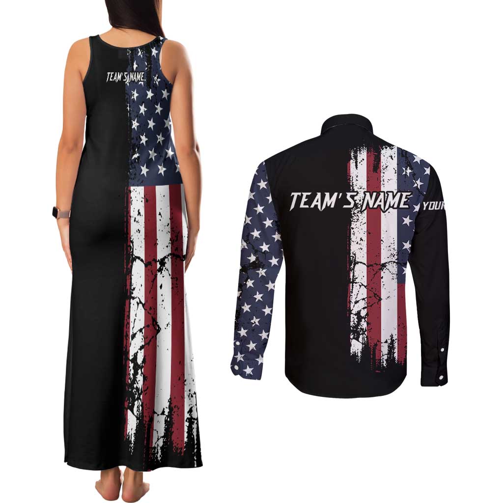 Grunge American Flag Custom Bowling Couples Matching Tank Maxi Dress and Long Sleeve Button Shirt Pins Graphic and Team Text Layout Design - Wonder Print Shop