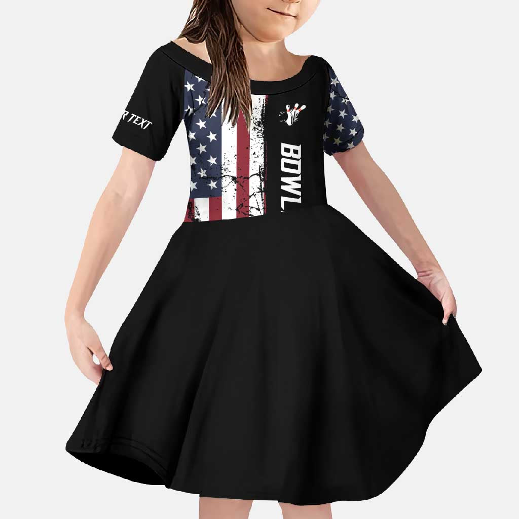 Grunge American Flag Custom Bowling Family Matching Long Sleeve Bodycon Dress and Hawaiian Shirt Pins Graphic and Team Text Layout Design - Wonder Print Shop