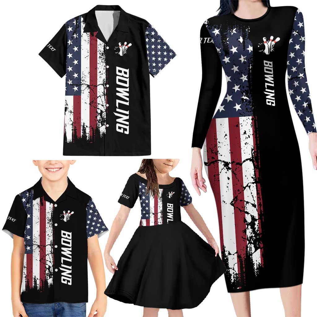 Grunge American Flag Custom Bowling Family Matching Long Sleeve Bodycon Dress and Hawaiian Shirt Pins Graphic and Team Text Layout Design - Wonder Print Shop