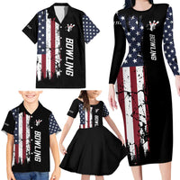 Grunge American Flag Custom Bowling Family Matching Long Sleeve Bodycon Dress and Hawaiian Shirt Pins Graphic and Team Text Layout Design - Wonder Print Shop