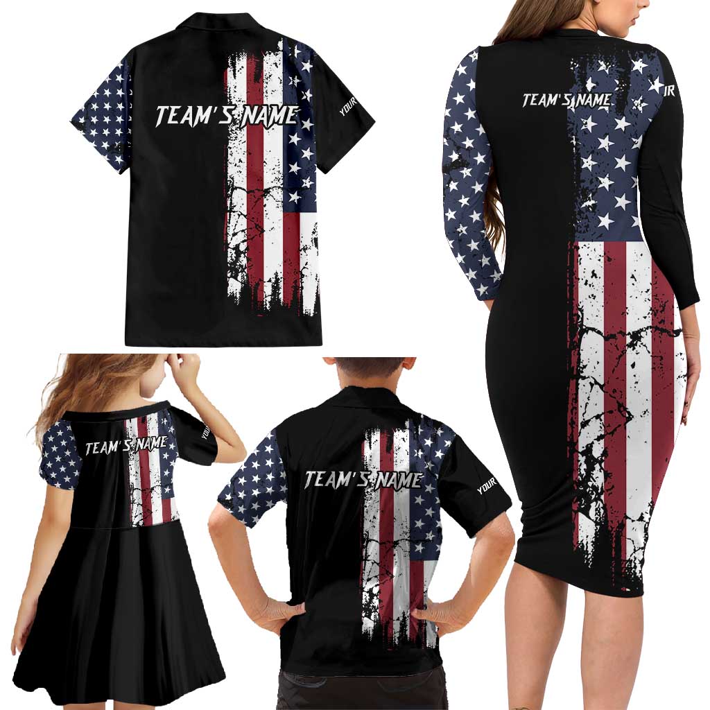 Grunge American Flag Custom Bowling Family Matching Long Sleeve Bodycon Dress and Hawaiian Shirt Pins Graphic and Team Text Layout Design - Wonder Print Shop