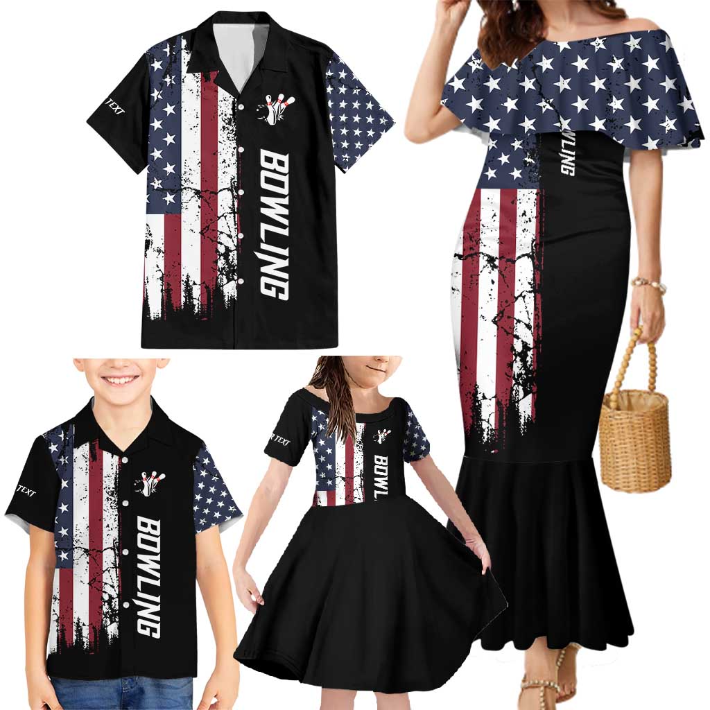 Grunge American Flag Custom Bowling Family Matching Mermaid Dress and Hawaiian Shirt Pins Graphic and Team Text Layout Design - Wonder Print Shop