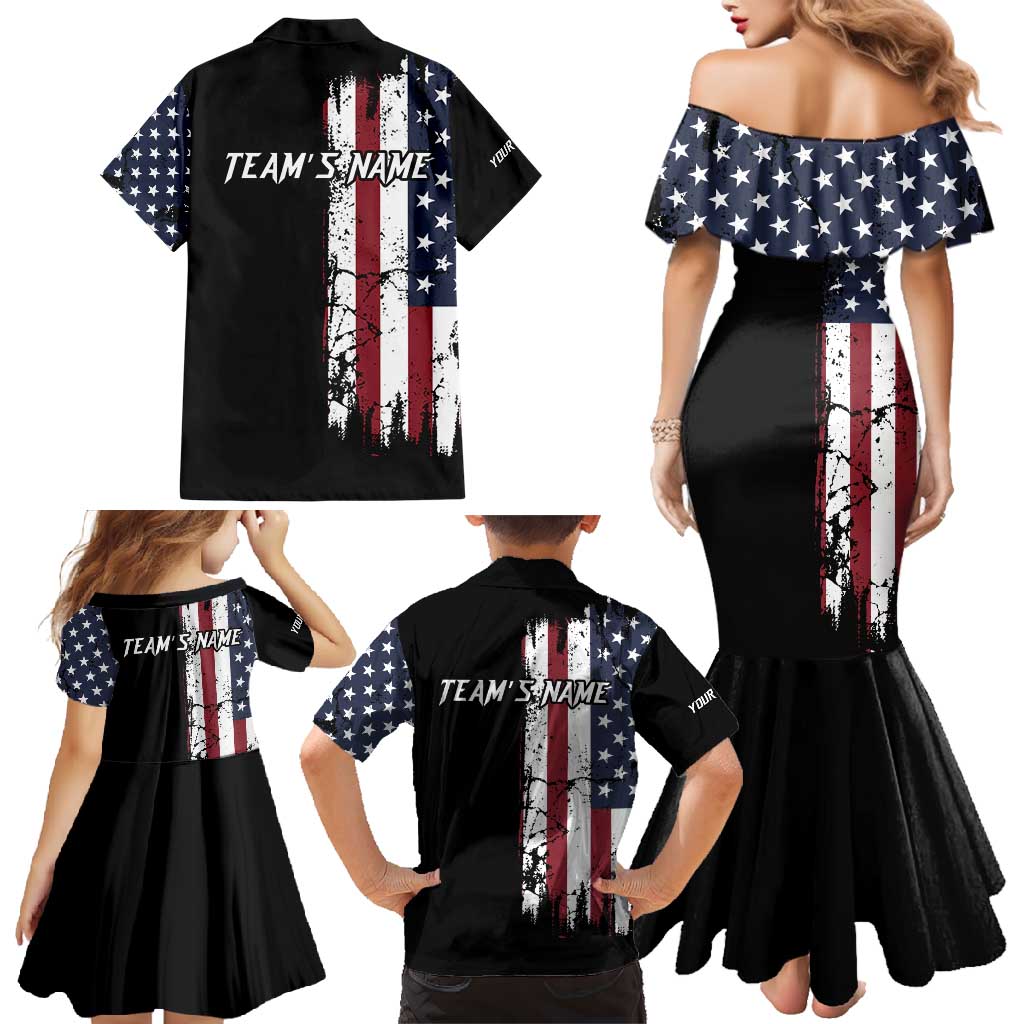 Grunge American Flag Custom Bowling Family Matching Mermaid Dress and Hawaiian Shirt Pins Graphic and Team Text Layout Design - Wonder Print Shop