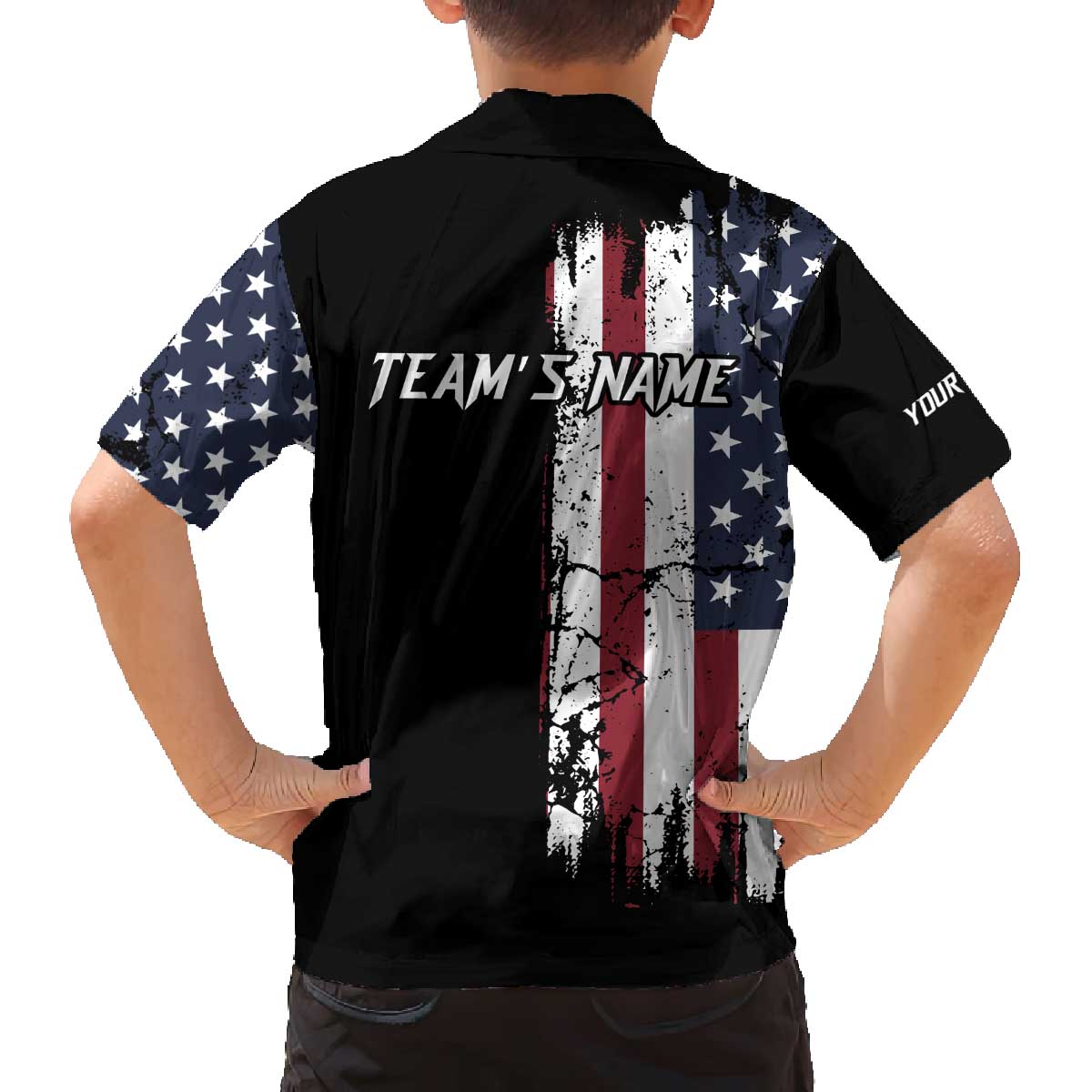 Grunge American Flag Custom Bowling Family Matching Off The Shoulder Long Sleeve Dress and Hawaiian Shirt Pins Graphic and Team Text Layout Design - Wonder Print Shop