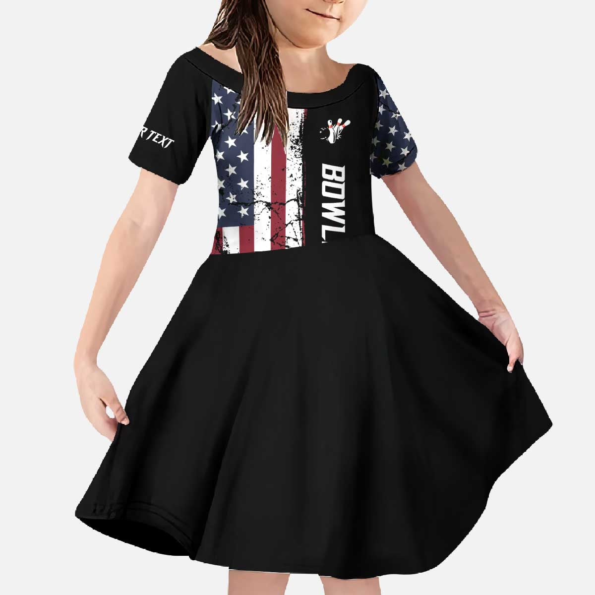 Grunge American Flag Custom Bowling Family Matching Off The Shoulder Long Sleeve Dress and Hawaiian Shirt Pins Graphic and Team Text Layout Design - Wonder Print Shop