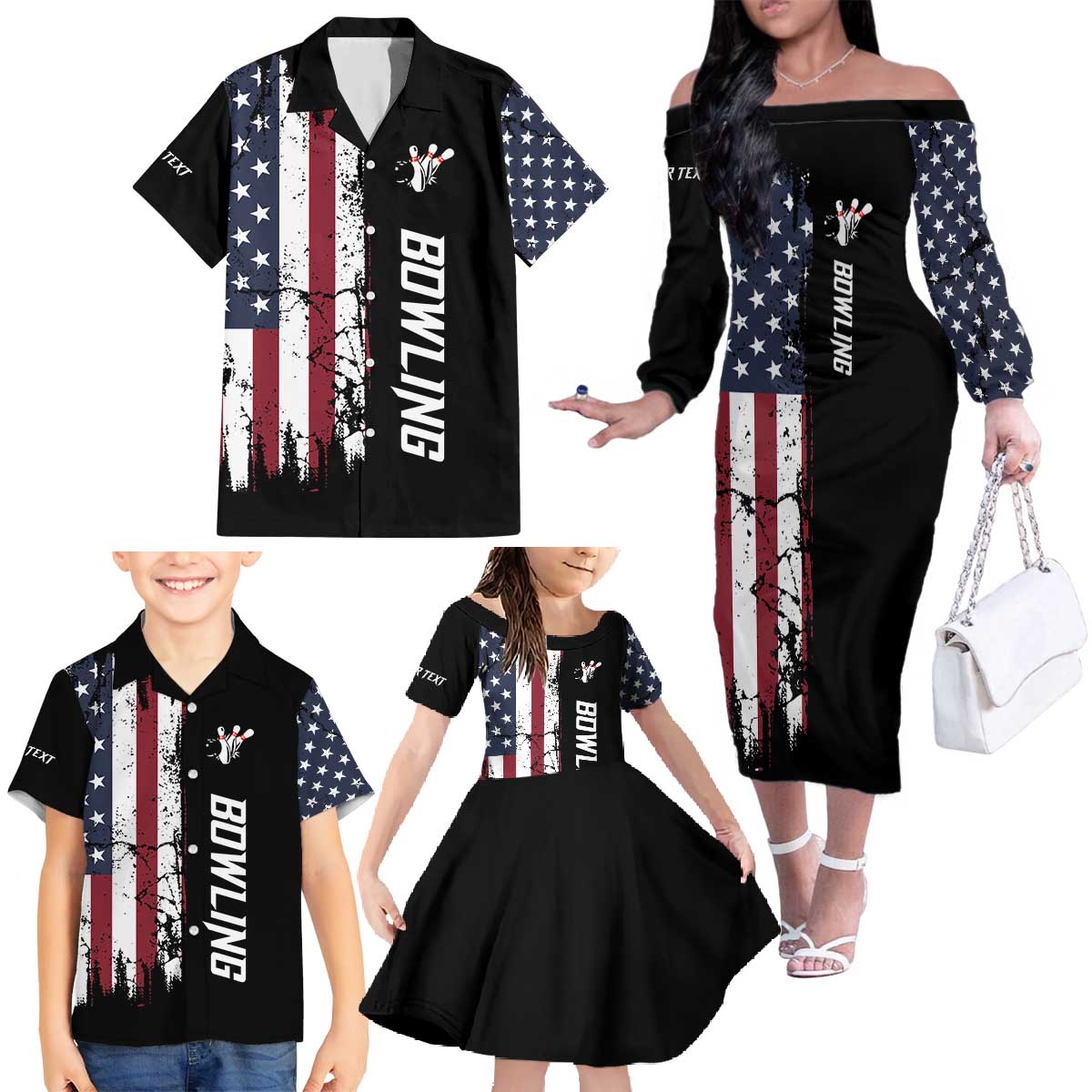 Grunge American Flag Custom Bowling Family Matching Off The Shoulder Long Sleeve Dress and Hawaiian Shirt Pins Graphic and Team Text Layout Design - Wonder Print Shop