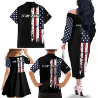 Grunge American Flag Custom Bowling Family Matching Off The Shoulder Long Sleeve Dress and Hawaiian Shirt Pins Graphic and Team Text Layout Design - Wonder Print Shop