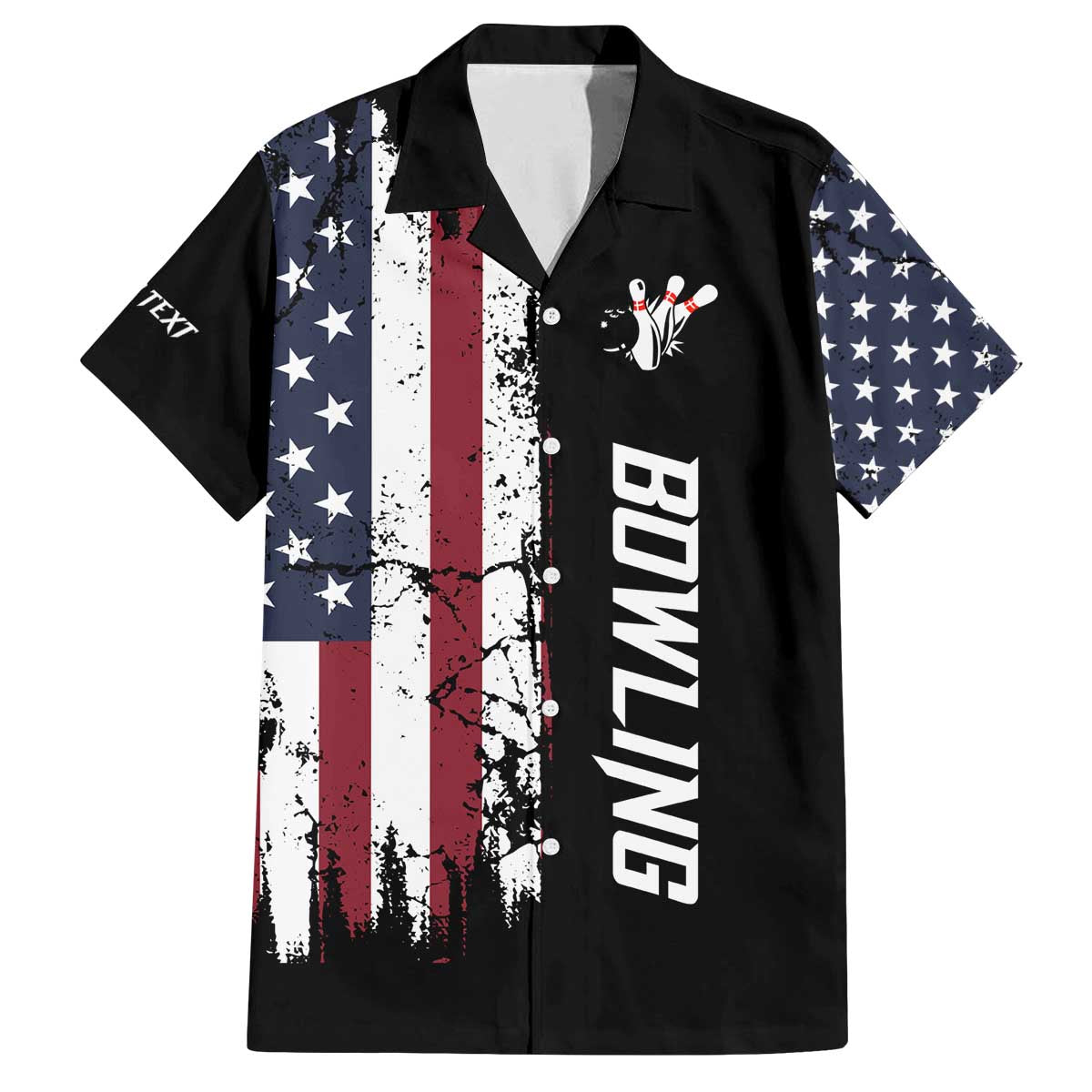 Grunge American Flag Custom Bowling Family Matching Off The Shoulder Long Sleeve Dress and Hawaiian Shirt Pins Graphic and Team Text Layout Design - Wonder Print Shop