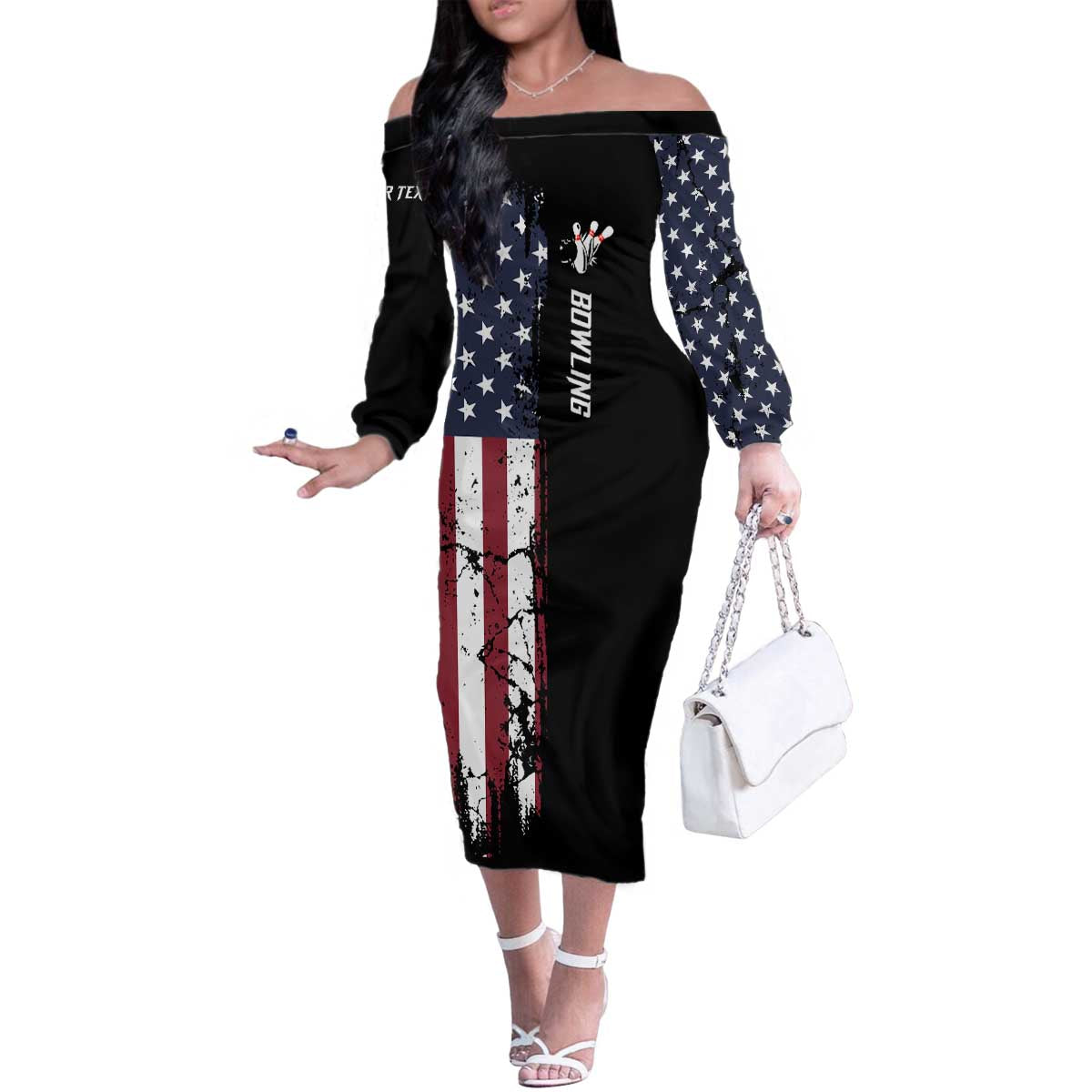 Grunge American Flag Custom Bowling Family Matching Off The Shoulder Long Sleeve Dress and Hawaiian Shirt Pins Graphic and Team Text Layout Design - Wonder Print Shop
