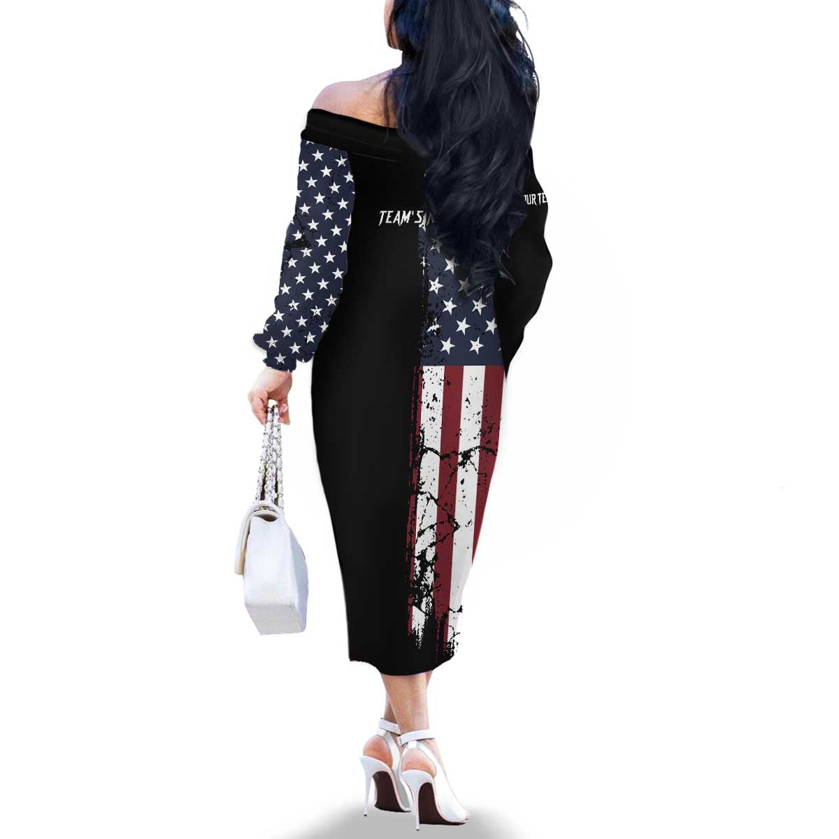 Grunge American Flag Custom Bowling Family Matching Off The Shoulder Long Sleeve Dress and Hawaiian Shirt Pins Graphic and Team Text Layout Design - Wonder Print Shop