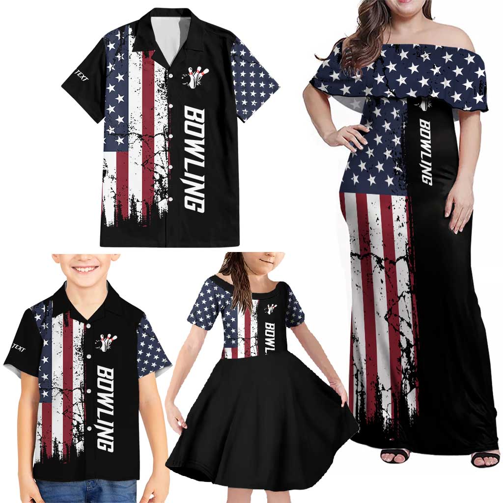 Grunge American Flag Custom Bowling Family Matching Off Shoulder Maxi Dress and Hawaiian Shirt Pins Graphic and Team Text Layout Design - Wonder Print Shop