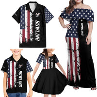 Grunge American Flag Custom Bowling Family Matching Off Shoulder Maxi Dress and Hawaiian Shirt Pins Graphic and Team Text Layout Design - Wonder Print Shop