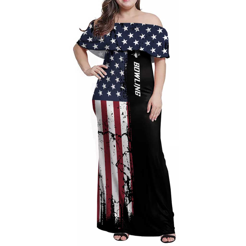 Grunge American Flag Custom Bowling Family Matching Off Shoulder Maxi Dress and Hawaiian Shirt Pins Graphic and Team Text Layout Design - Wonder Print Shop
