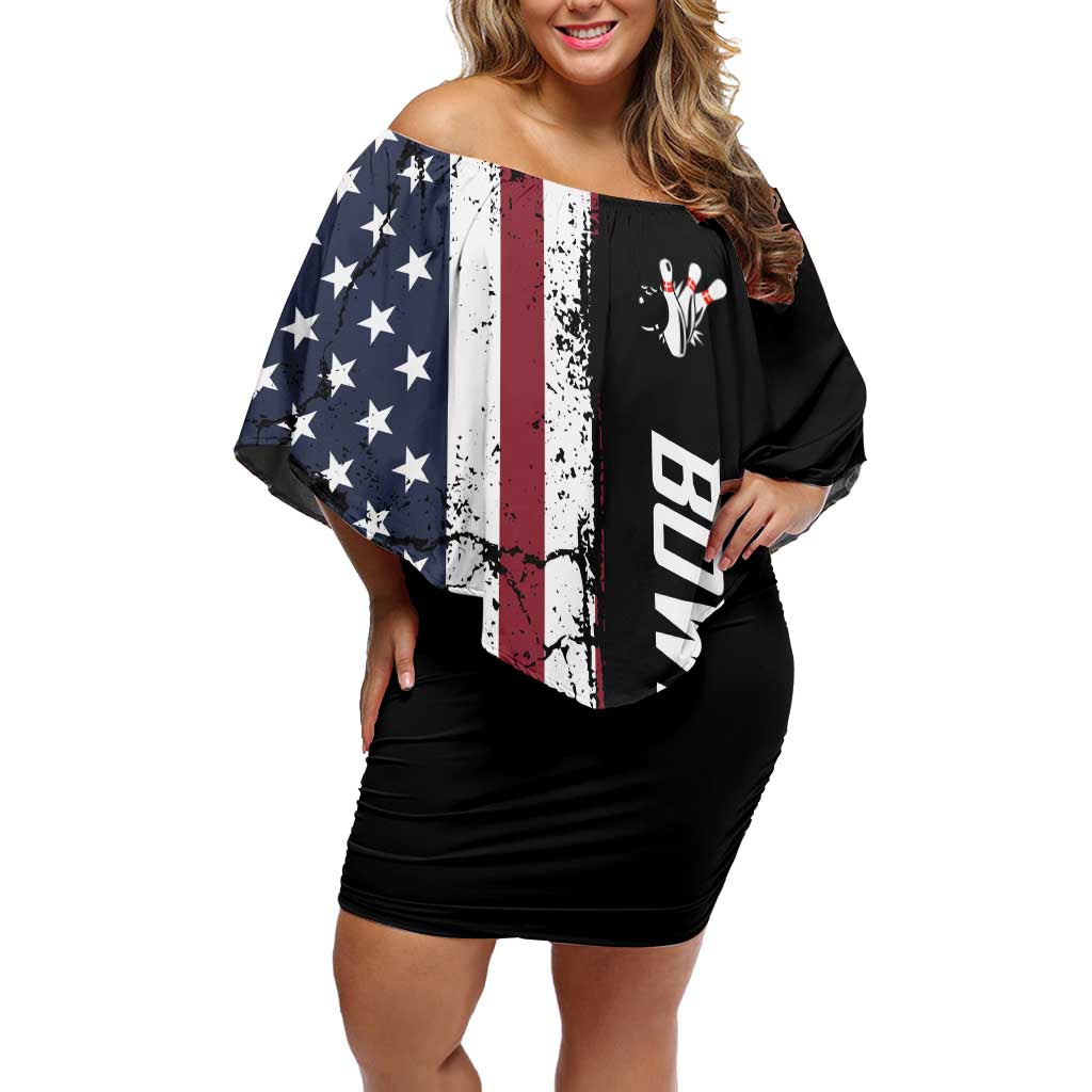 Grunge American Flag Custom Bowling Family Matching Off Shoulder Short Dress and Hawaiian Shirt Pins Graphic and Team Text Layout Design - Wonder Print Shop