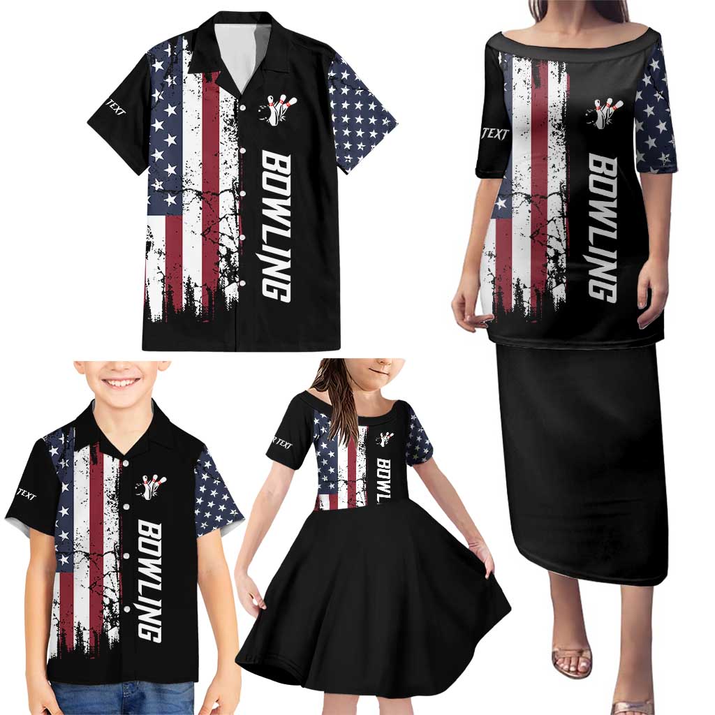 Grunge American Flag Custom Bowling Family Matching Puletasi and Hawaiian Shirt Pins Graphic and Team Text Layout Design - Wonder Print Shop