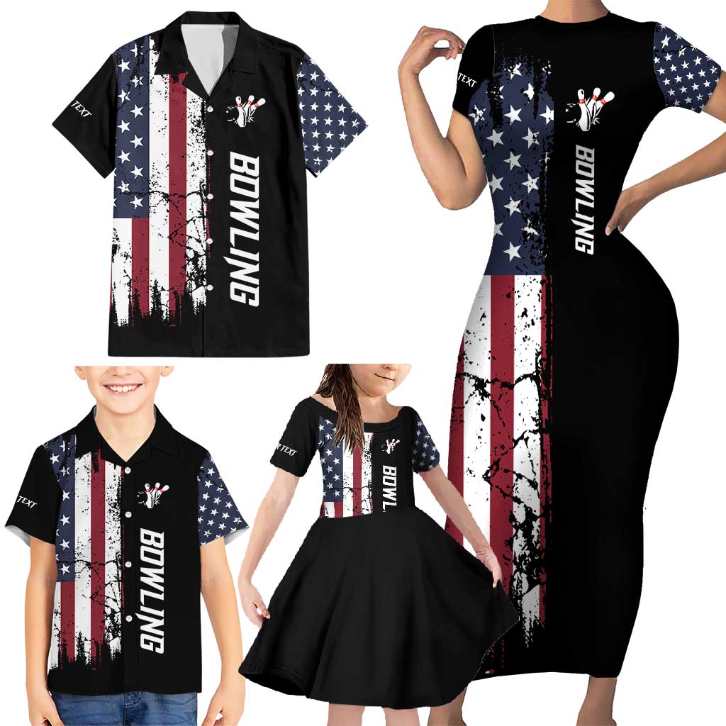 Grunge American Flag Custom Bowling Family Matching Short Sleeve Bodycon Dress and Hawaiian Shirt Pins Graphic and Team Text Layout Design - Wonder Print Shop