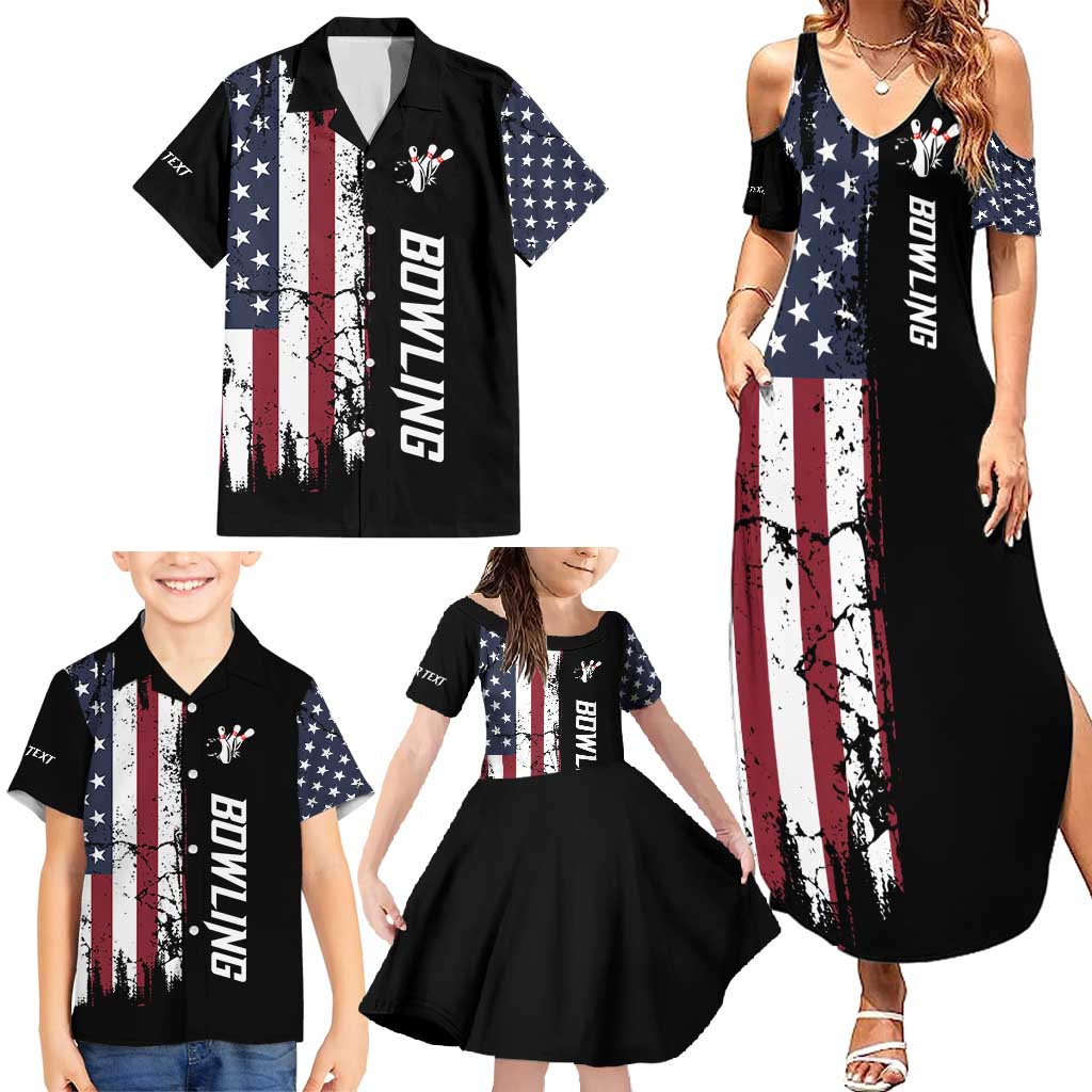 Grunge American Flag Custom Bowling Family Matching Summer Maxi Dress and Hawaiian Shirt Pins Graphic and Team Text Layout Design - Wonder Print Shop