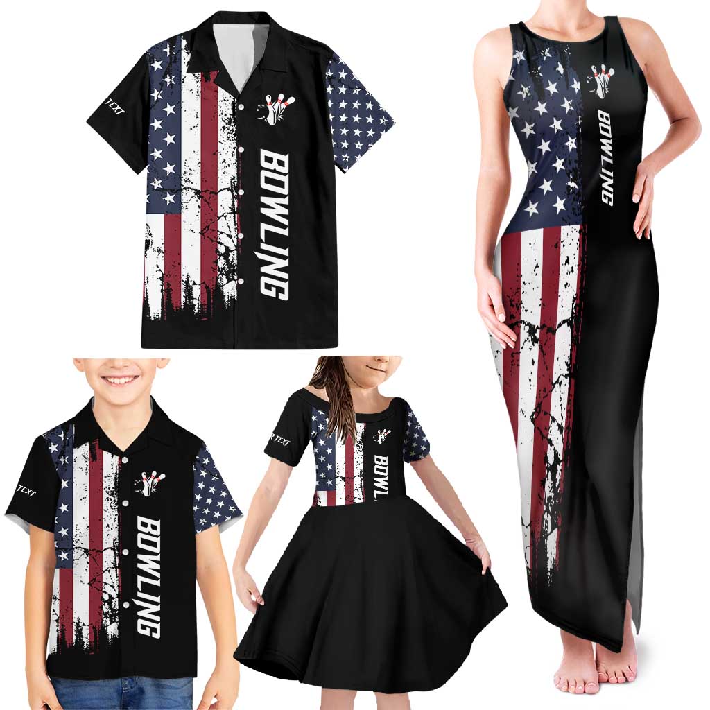 Grunge American Flag Custom Bowling Family Matching Tank Maxi Dress and Hawaiian Shirt Pins Graphic and Team Text Layout Design - Wonder Print Shop