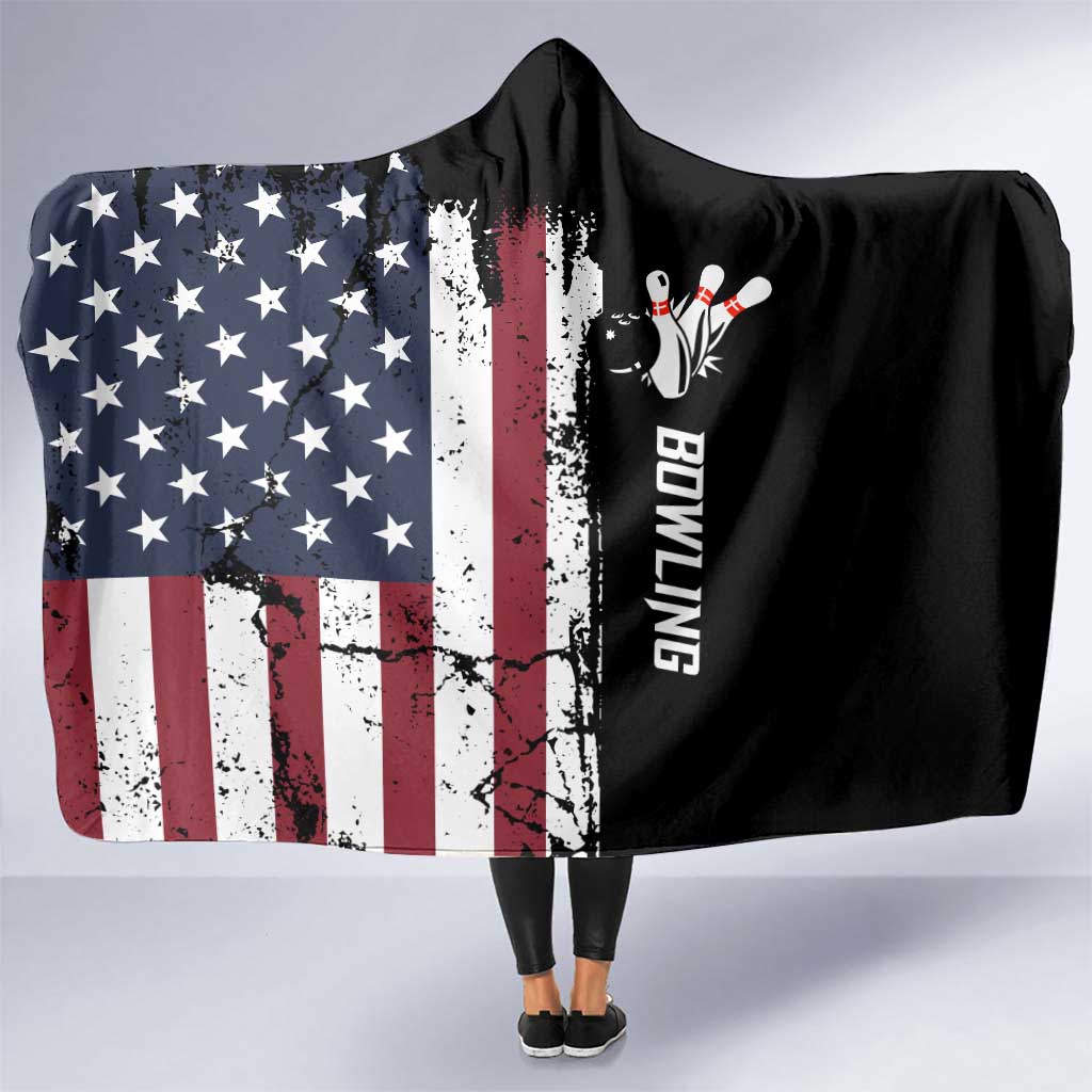 Grunge American Flag Custom Bowling Hooded Blanket Pins Graphic and Team Text Layout Design - Wonder Print Shop