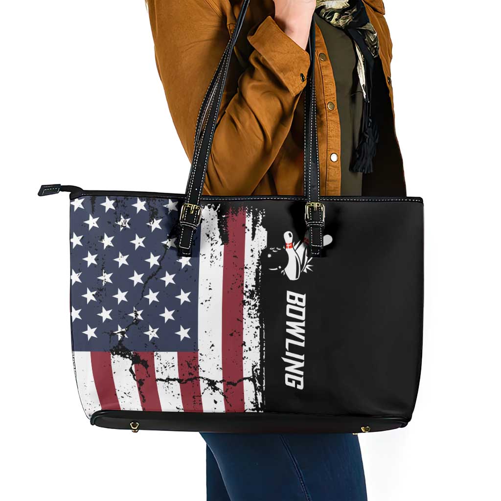 Grunge American Flag Custom Bowling Leather Tote Bag Pins Graphic and Team Text Layout Design - Wonder Print Shop