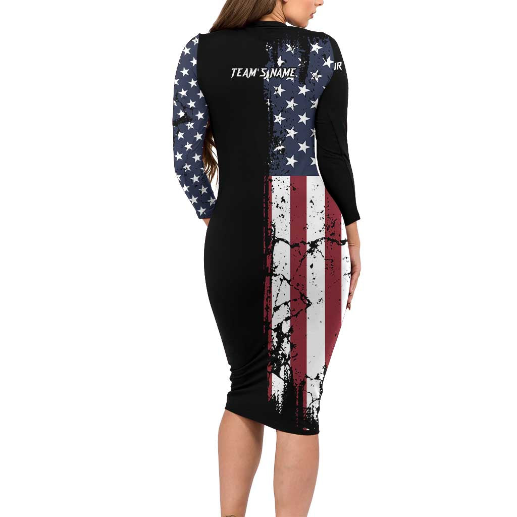 Grunge American Flag Custom Bowling Long Sleeve Bodycon Dress Pins Graphic and Team Text Layout Design - Wonder Print Shop