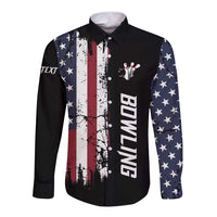 Grunge American Flag Custom Bowling Long Sleeve Button Shirt Pins Graphic and Team Text Layout Design - Wonder Print Shop
