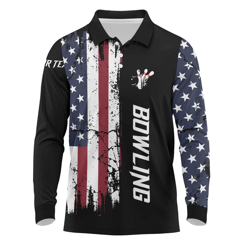 Grunge American Flag Custom Bowling Long Sleeve Polo Shirt Pins Graphic and Team Text Layout Design - Wonder Print Shop