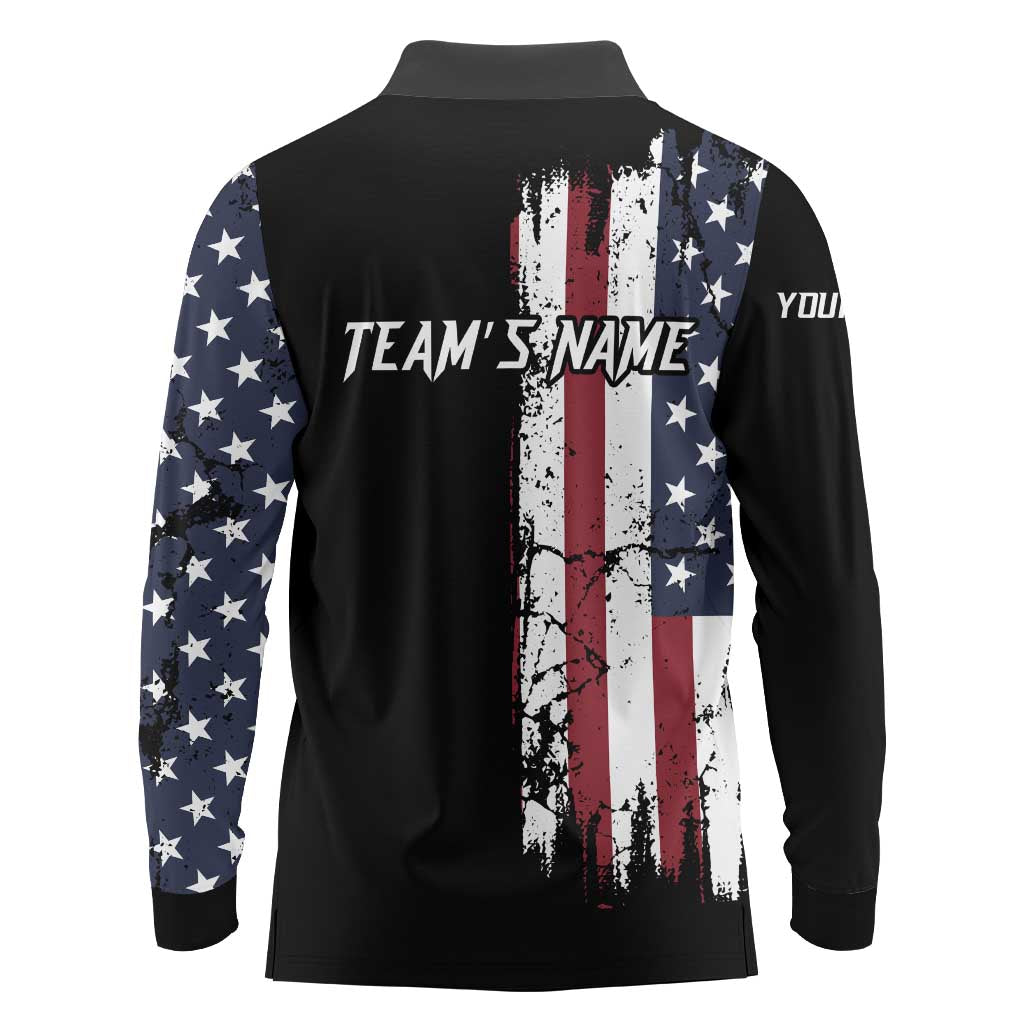 Grunge American Flag Custom Bowling Long Sleeve Polo Shirt Pins Graphic and Team Text Layout Design - Wonder Print Shop
