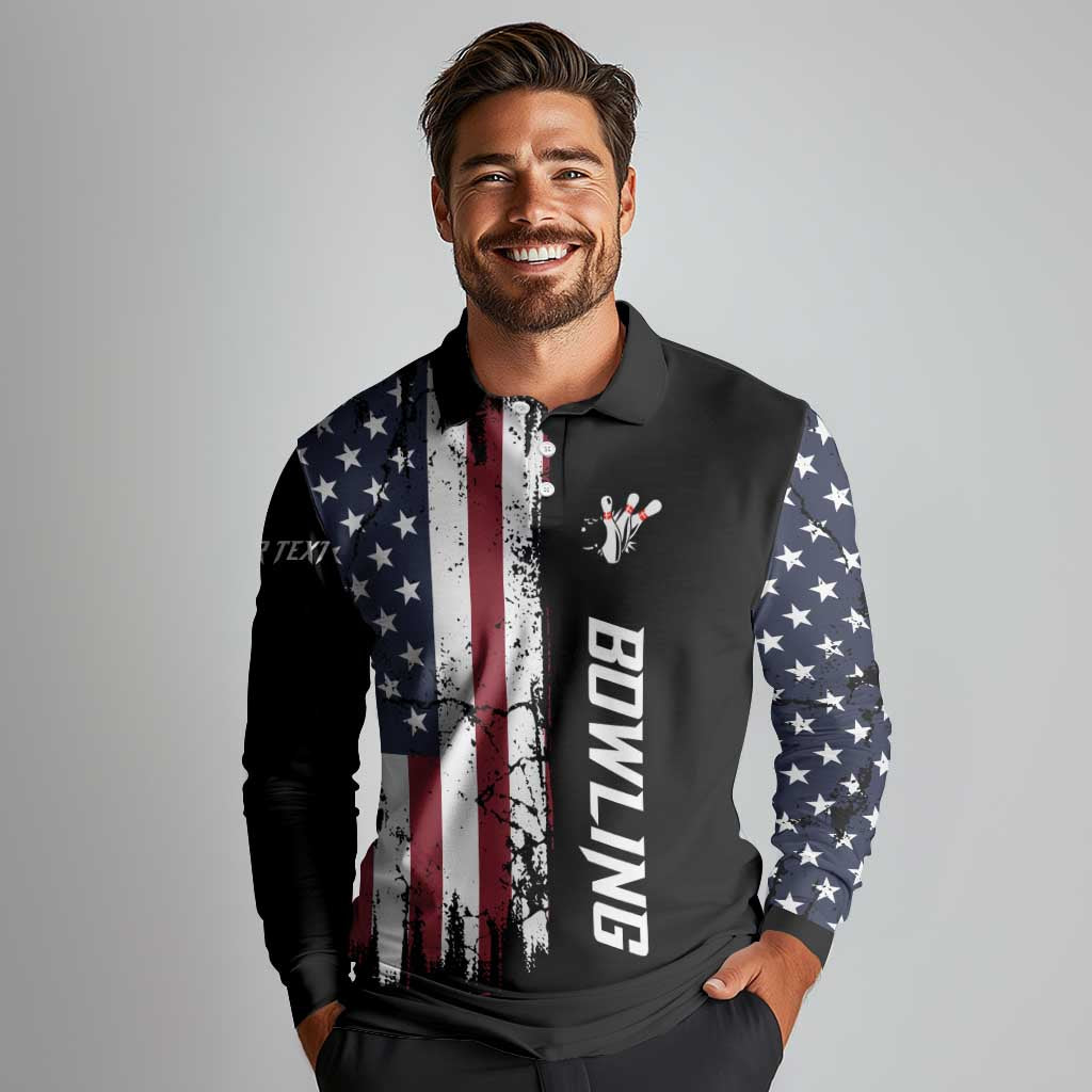 Grunge American Flag Custom Bowling Long Sleeve Polo Shirt Pins Graphic and Team Text Layout Design - Wonder Print Shop