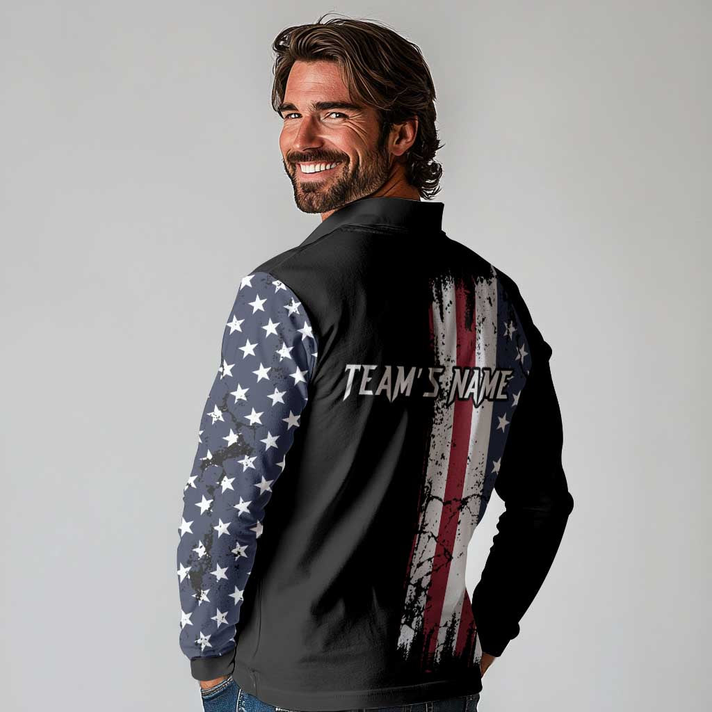 Grunge American Flag Custom Bowling Long Sleeve Polo Shirt Pins Graphic and Team Text Layout Design - Wonder Print Shop