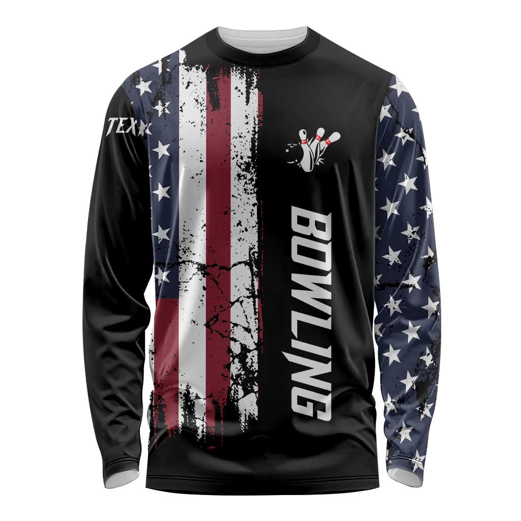 Grunge American Flag Custom Bowling Long Sleeve Shirt Pins Graphic and Team Text Layout Design - Wonder Print Shop
