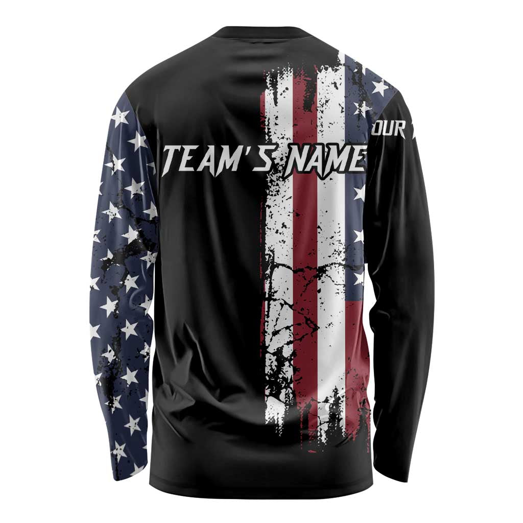 Grunge American Flag Custom Bowling Long Sleeve Shirt Pins Graphic and Team Text Layout Design - Wonder Print Shop
