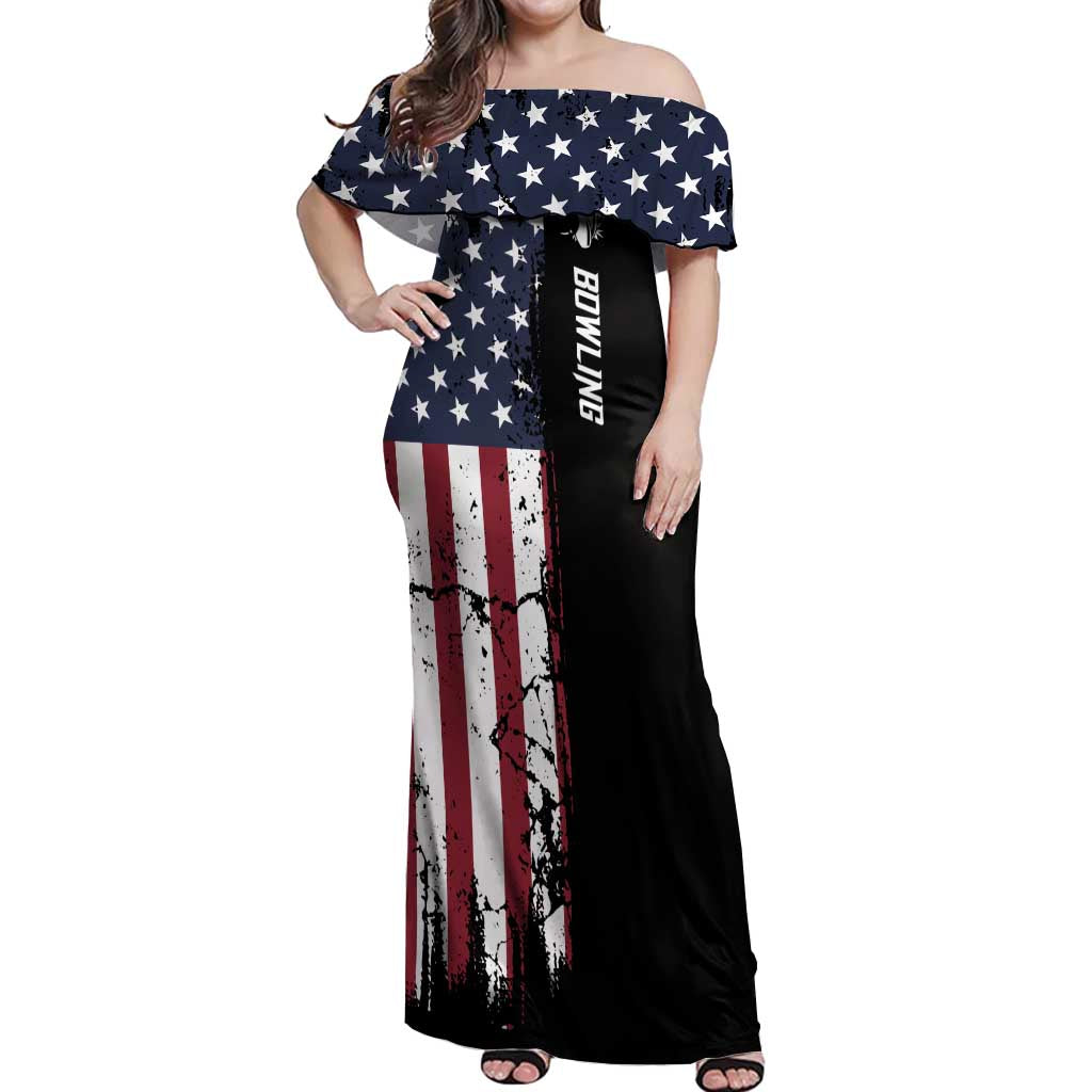 Grunge American Flag Custom Bowling Off Shoulder Maxi Dress Pins Graphic and Team Text Layout Design - Wonder Print Shop