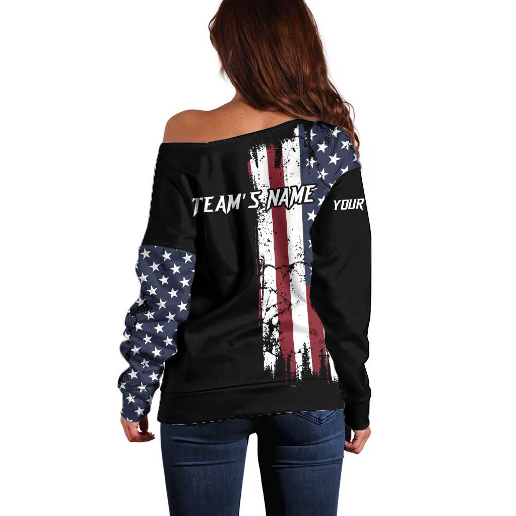 Grunge American Flag Custom Bowling Off Shoulder Sweater Pins Graphic and Team Text Layout Design - Wonder Print Shop