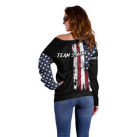 Grunge American Flag Custom Bowling Off Shoulder Sweater Pins Graphic and Team Text Layout Design - Wonder Print Shop