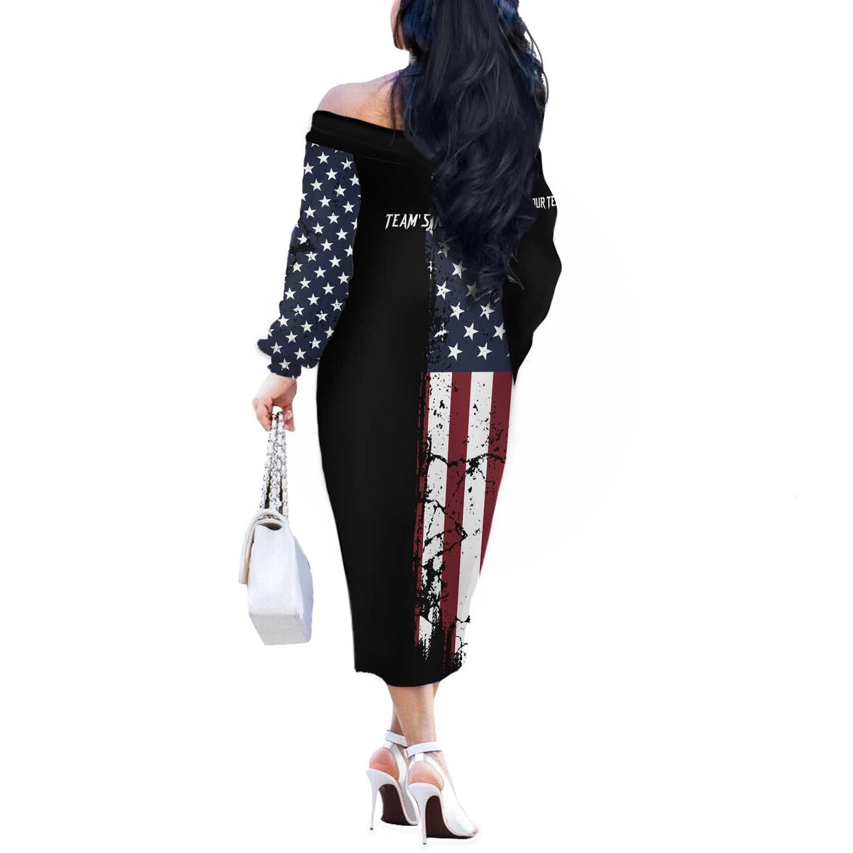 Grunge American Flag Custom Bowling Off The Shoulder Long Sleeve Dress Pins Graphic and Team Text Layout Design - Wonder Print Shop