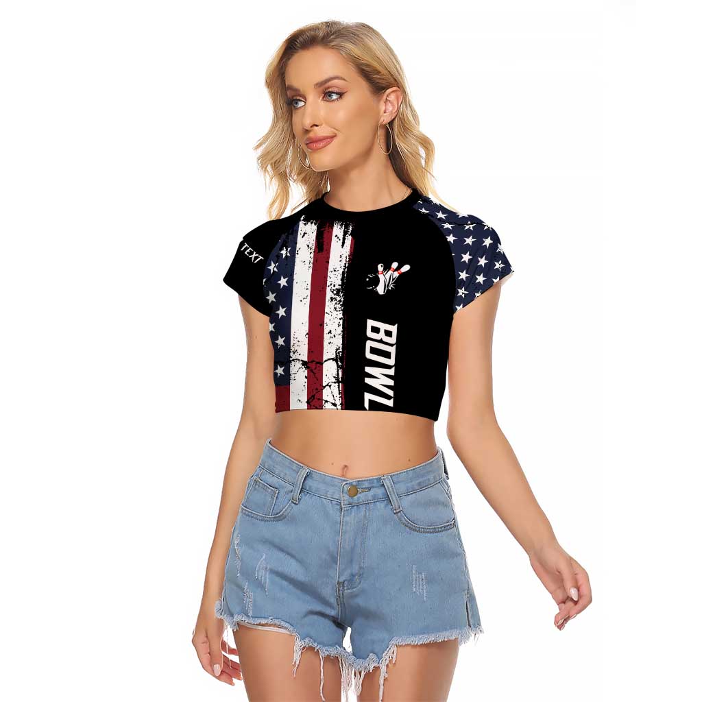 Grunge American Flag Custom Bowling Raglan Cropped T Shirt Pins Graphic and Team Text Layout Design - Wonder Print Shop
