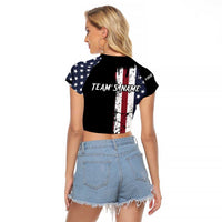 Grunge American Flag Custom Bowling Raglan Cropped T Shirt Pins Graphic and Team Text Layout Design - Wonder Print Shop
