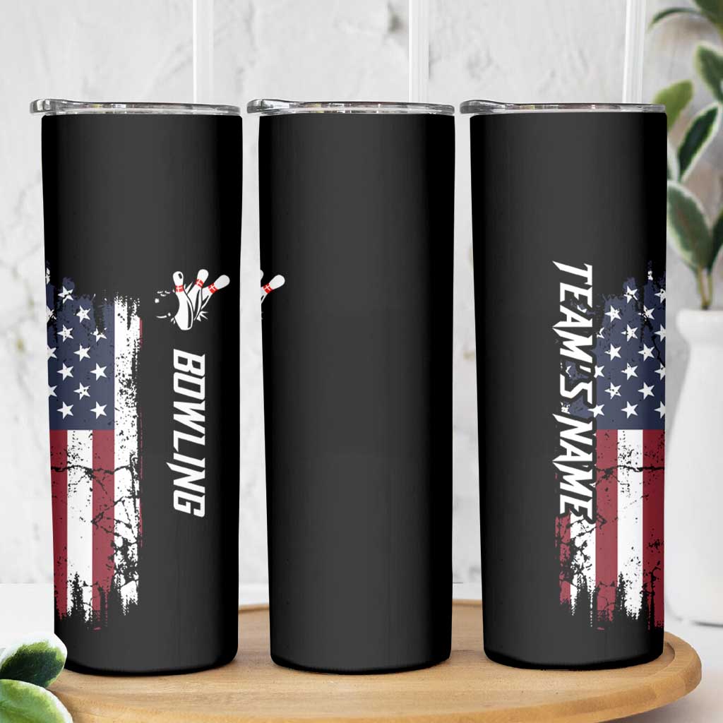 Grunge American Flag Custom Bowling Skinny Tumbler Pins Graphic and Team Text Layout Design - Wonder Print Shop