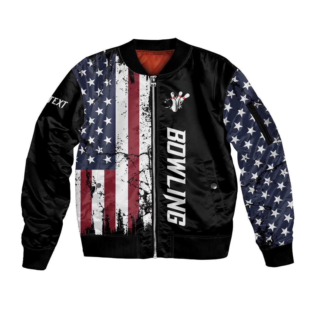 Grunge American Flag Custom Bowling Sleeve Zip Bomber Jacket Pins Graphic and Team Text Layout Design - Wonder Print Shop