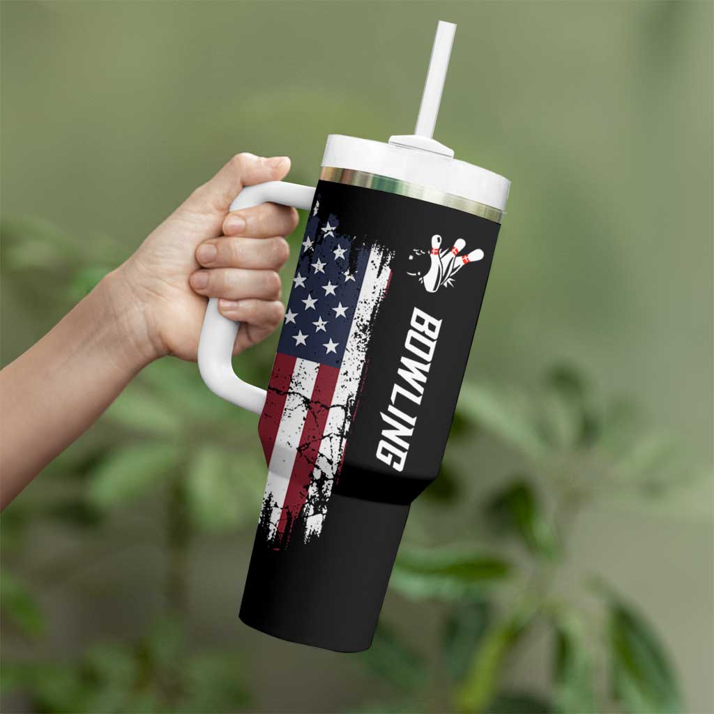 Grunge American Flag Custom Bowling Tumbler With Handle Pins Graphic and Team Text Layout Design - Wonder Print Shop